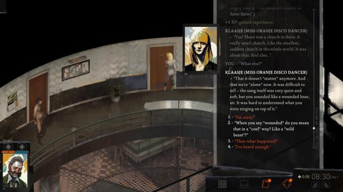 Harry talks to Klaasje Miss Oranje Disco Dancer in Disco Elysium